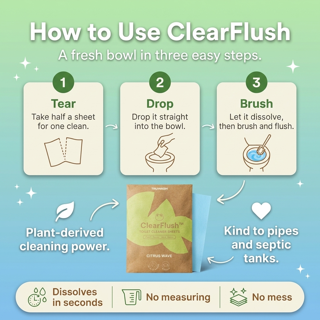 How to use ClearFlush toilet cleaner sheets in three steps - tear half a sheet, drop it into the bowl, let it dissolve then brush and flush.