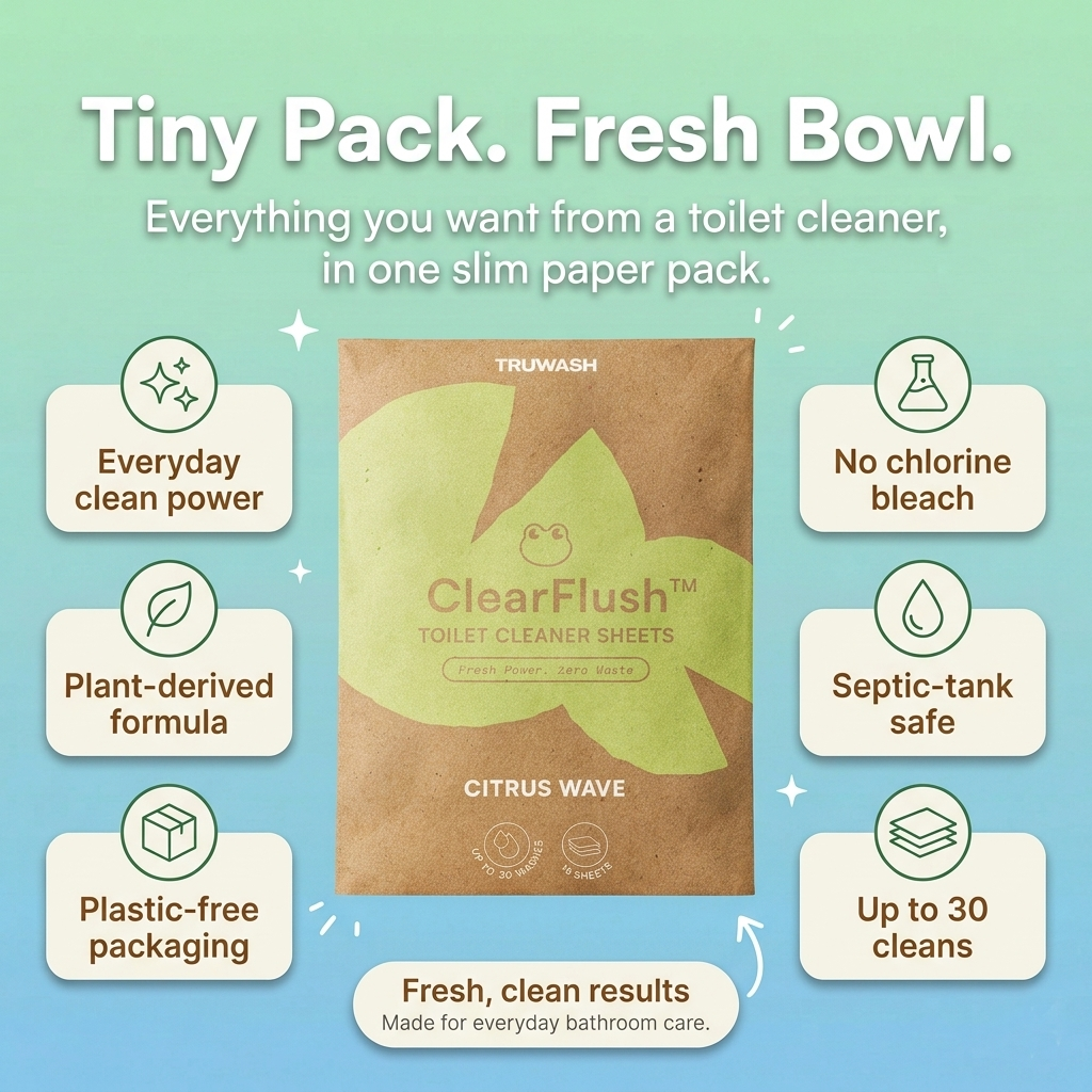 ClearFlush features - everyday clean power, plant-derived formula, plastic-free packaging, no chlorine bleach, septic-tank safe, up to 30 cleans.