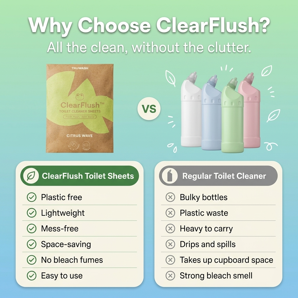ClearFlush toilet sheets compared with regular bottled toilet cleaner - plastic free, lightweight, mess-free and space-saving versus bulky bottles and plastic waste.