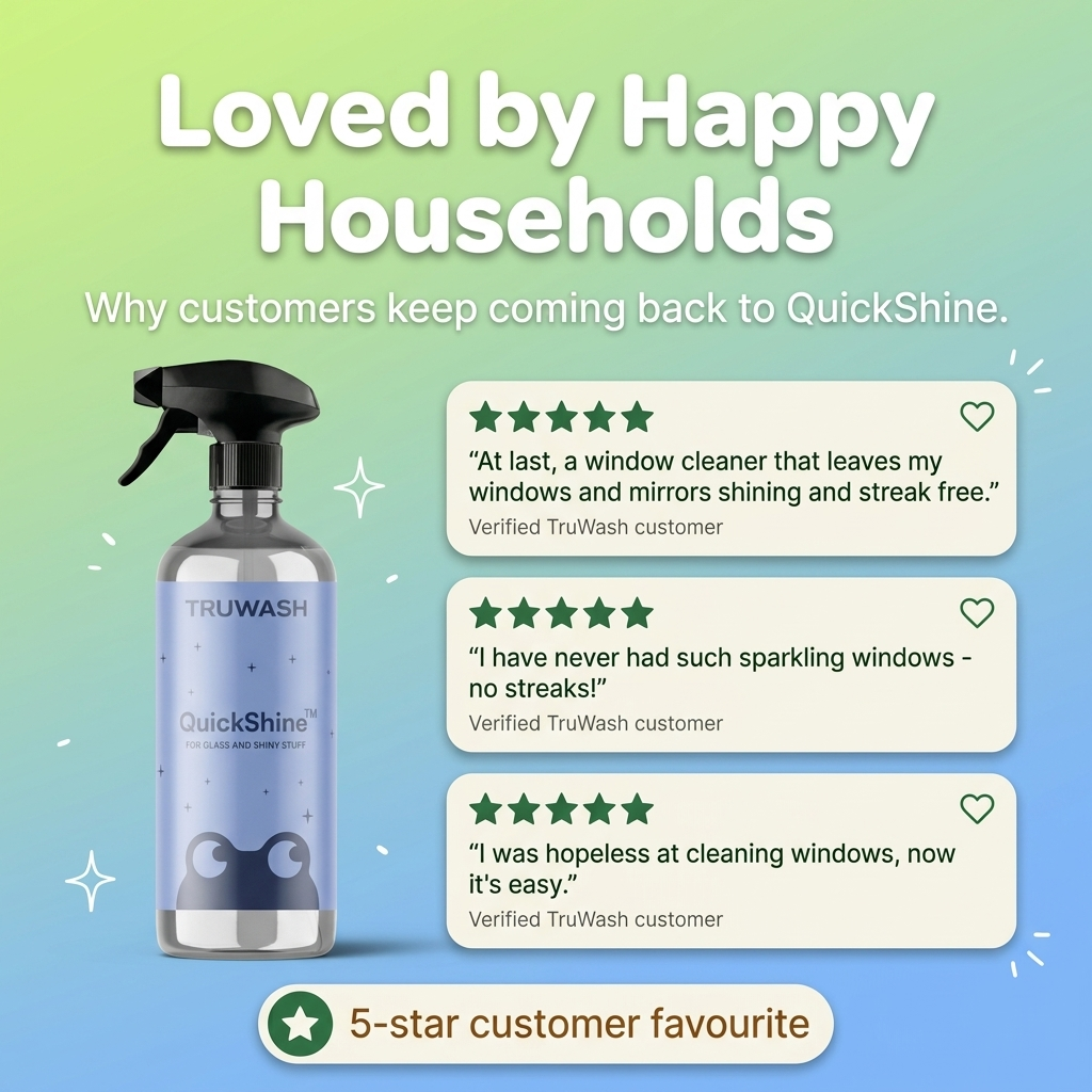 QuickShine customer reviews - five star feedback on streak-free windows and mirrors from verified TruWash customers.