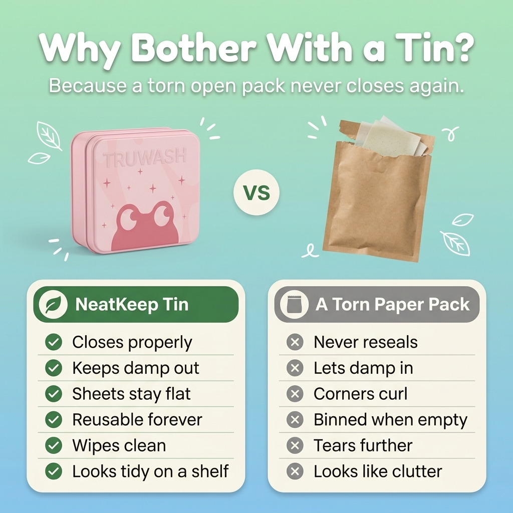 NeatKeep tin compared with a torn paper pack - closes properly, keeps damp out, sheets stay flat and reusable forever.