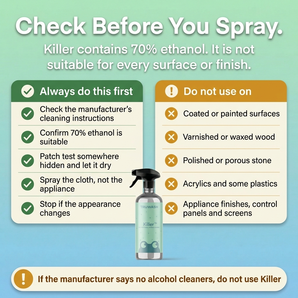 Check before you spray - Killer contains 70% ethanol and is not suitable for every surface. Check the manufacturer's cleaning instructions, patch test, and spray the cloth not the appliance. If the manufacturer says no alcohol cleaners, do not use Killer.