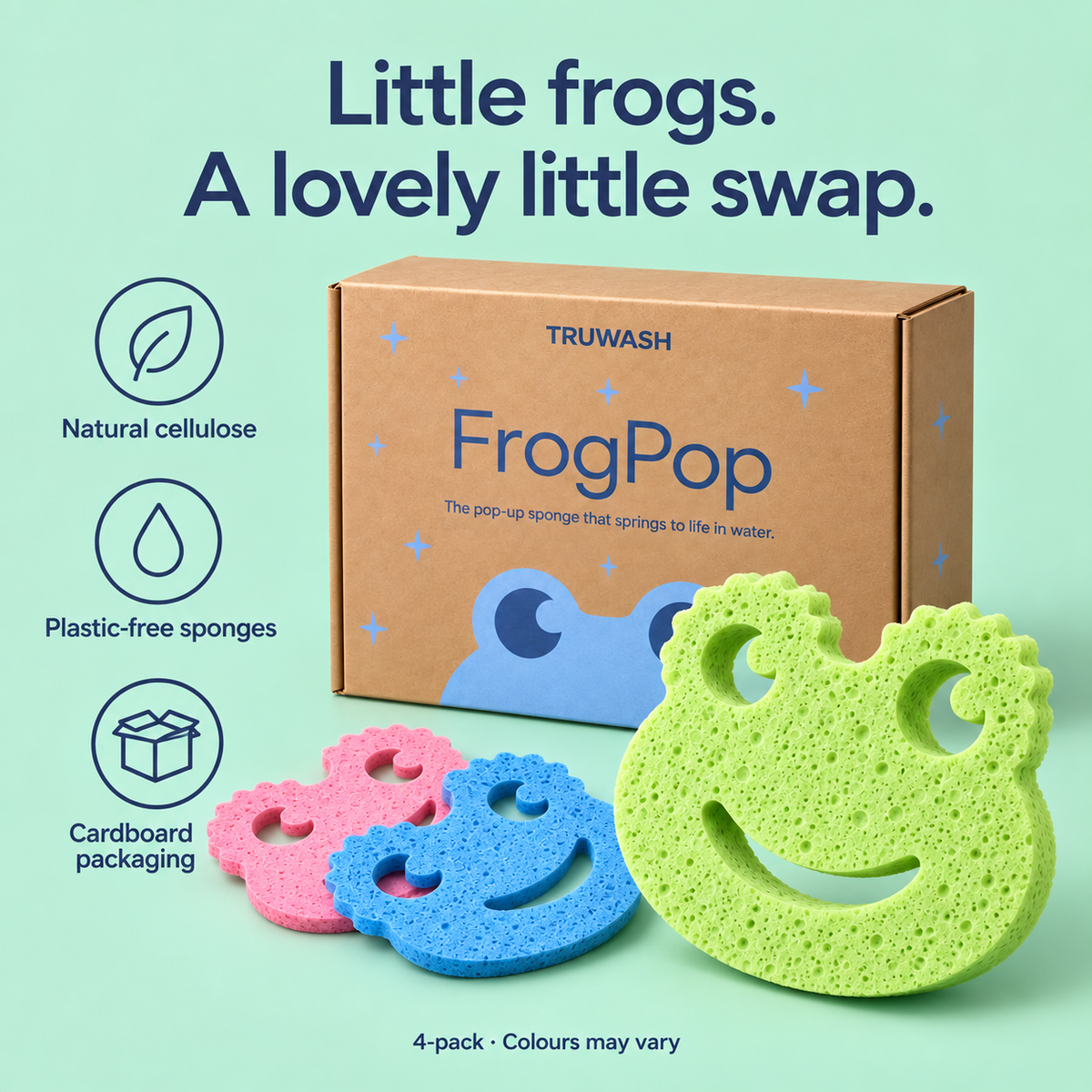 Natural cellulose, plastic-free sponges, cardboard packaging. Colours may vary.