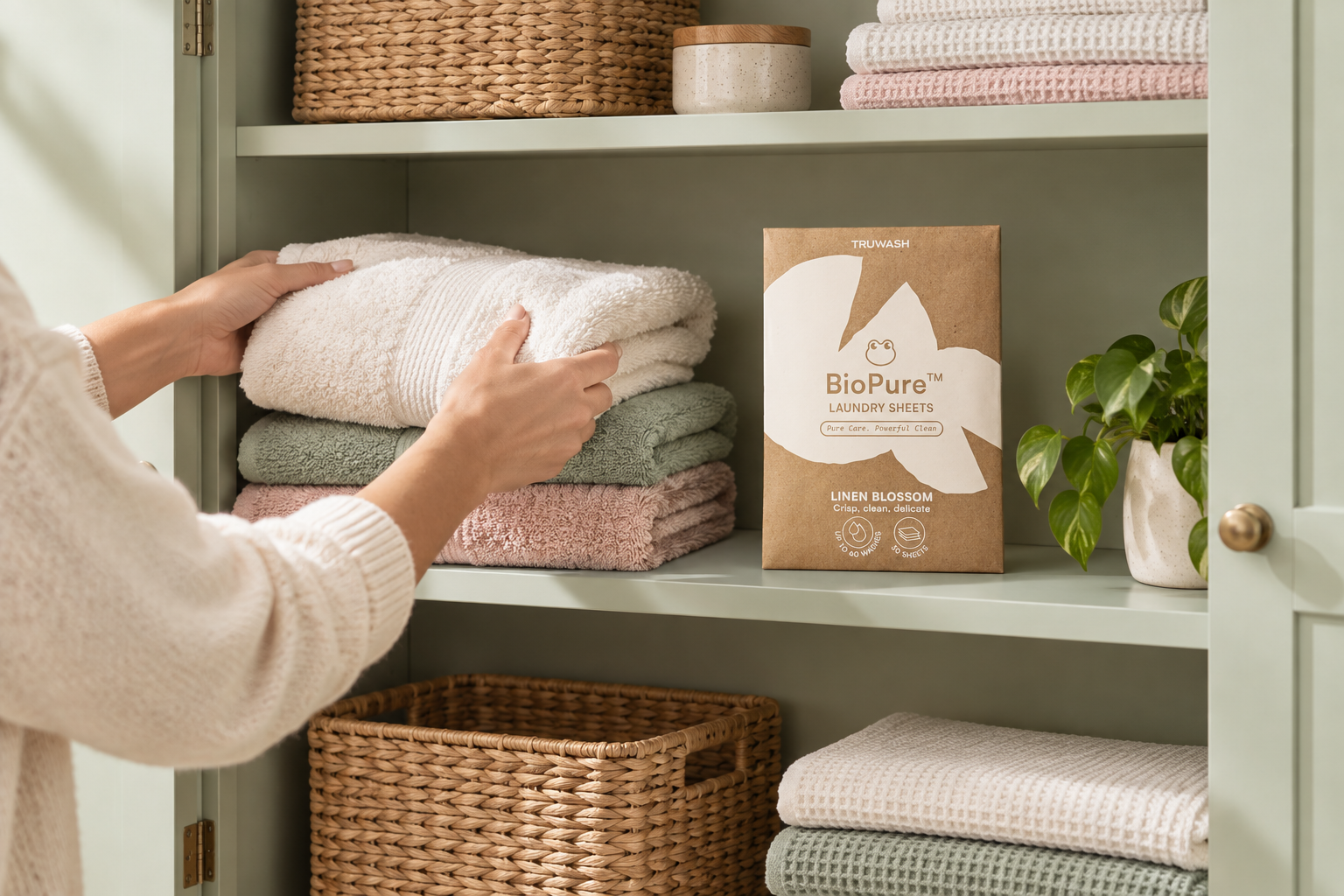 A tidy utility cupboard with a slim BioPure pack