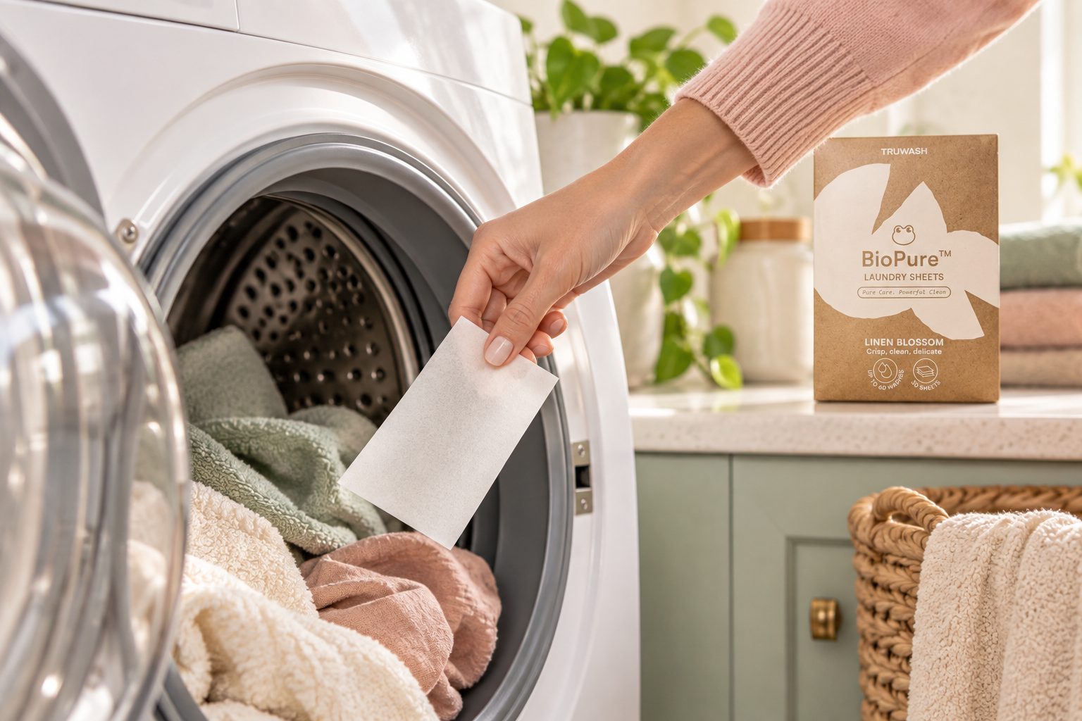 A laundry sheet being placed into a washing machine