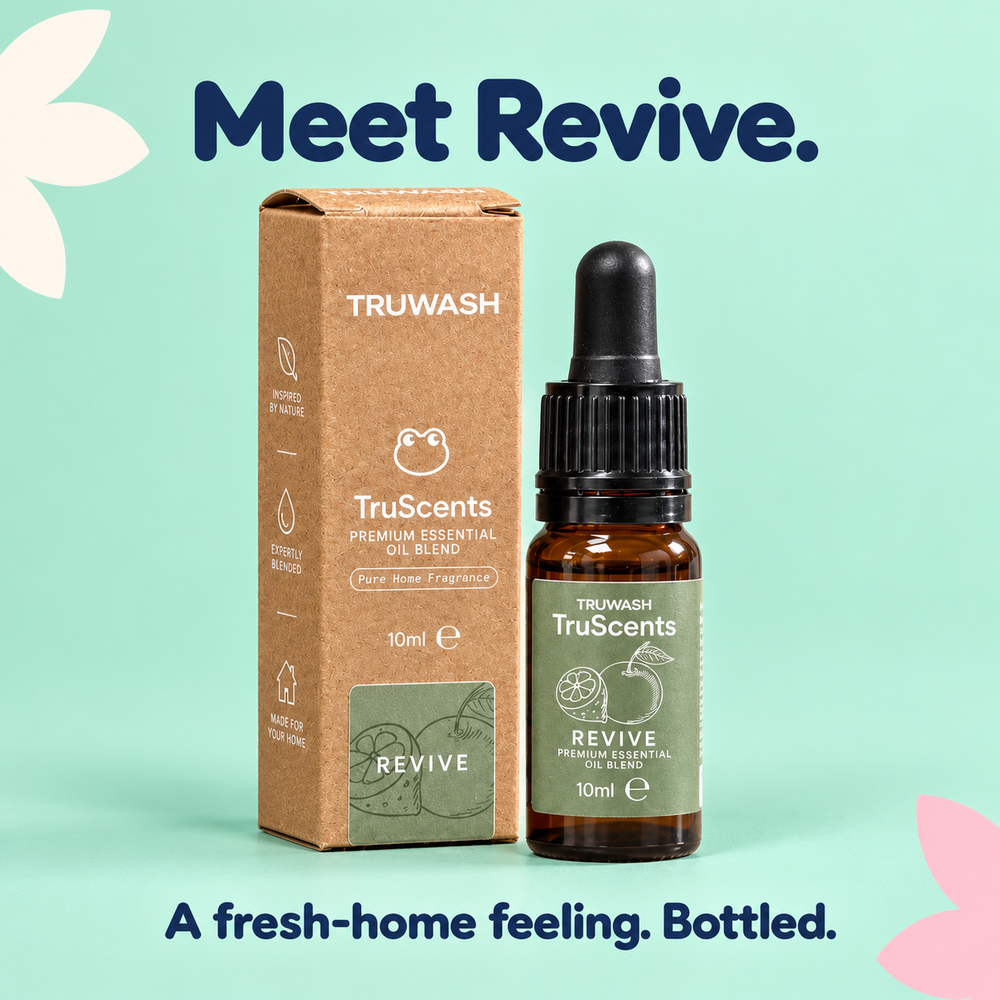 TruScents Revive 10ml amber dropper bottle and kraft box on a mint background.