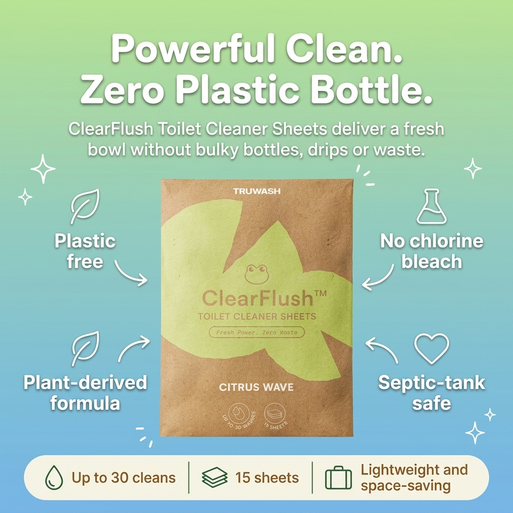 ClearFlush Toilet Cleaner Sheets - powerful clean, zero plastic bottle. Plastic free, no chlorine bleach, plant-derived formula, septic-tank safe. Up to 30 cleans, 15 sheets.