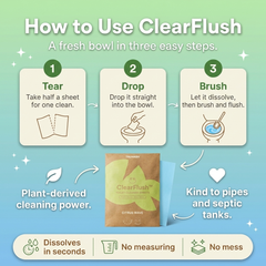 How to use ClearFlush toilet cleaner sheets in three steps - tear half a sheet, drop it into the bowl, let it dissolve then brush and flush.