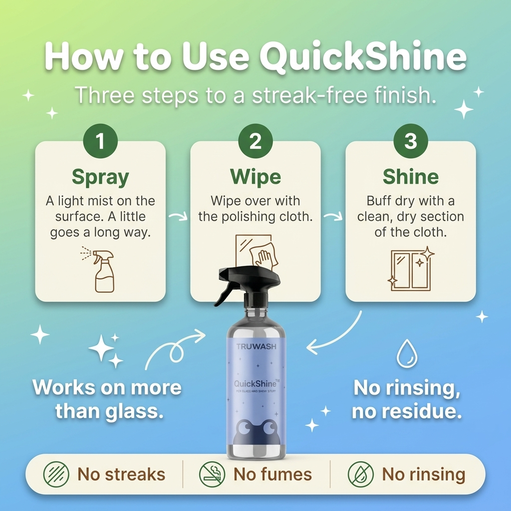 How to use QuickShine in three steps - spray a light mist, wipe with the polishing cloth, buff dry for a streak-free shine.