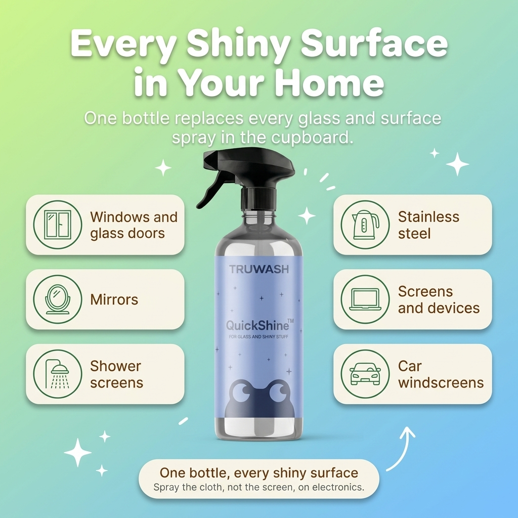 QuickShine works on every shiny surface - windows and glass doors, mirrors, shower screens, stainless steel, screens and devices, car windscreens.