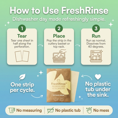 How to use FreshRinse dishwasher sheets in three steps - tear a sheet in half, place the strip in the cutlery basket, run as normal.