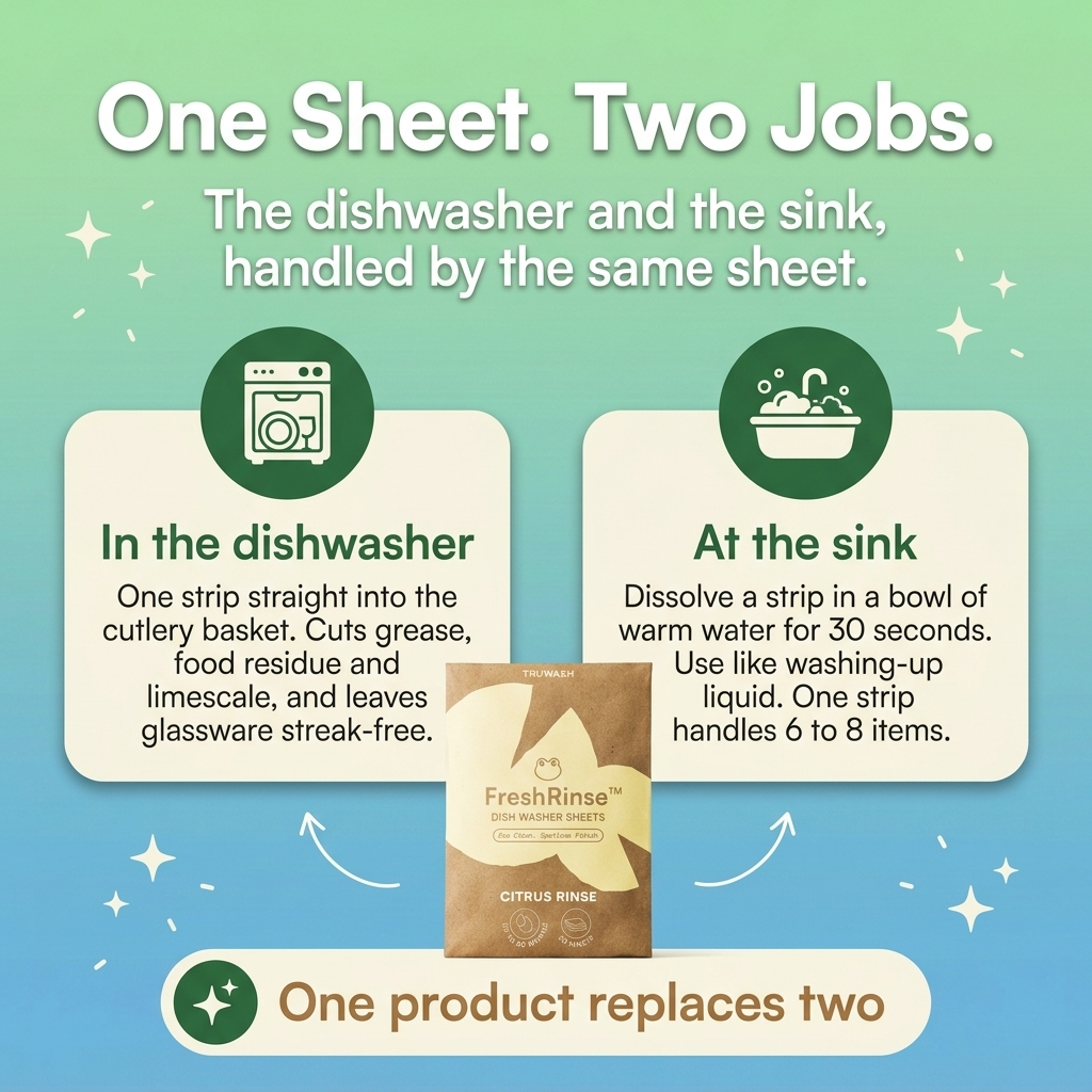 One FreshRinse sheet does two jobs - one strip per dishwasher cycle, or dissolved in warm water as washing-up liquid at the sink.