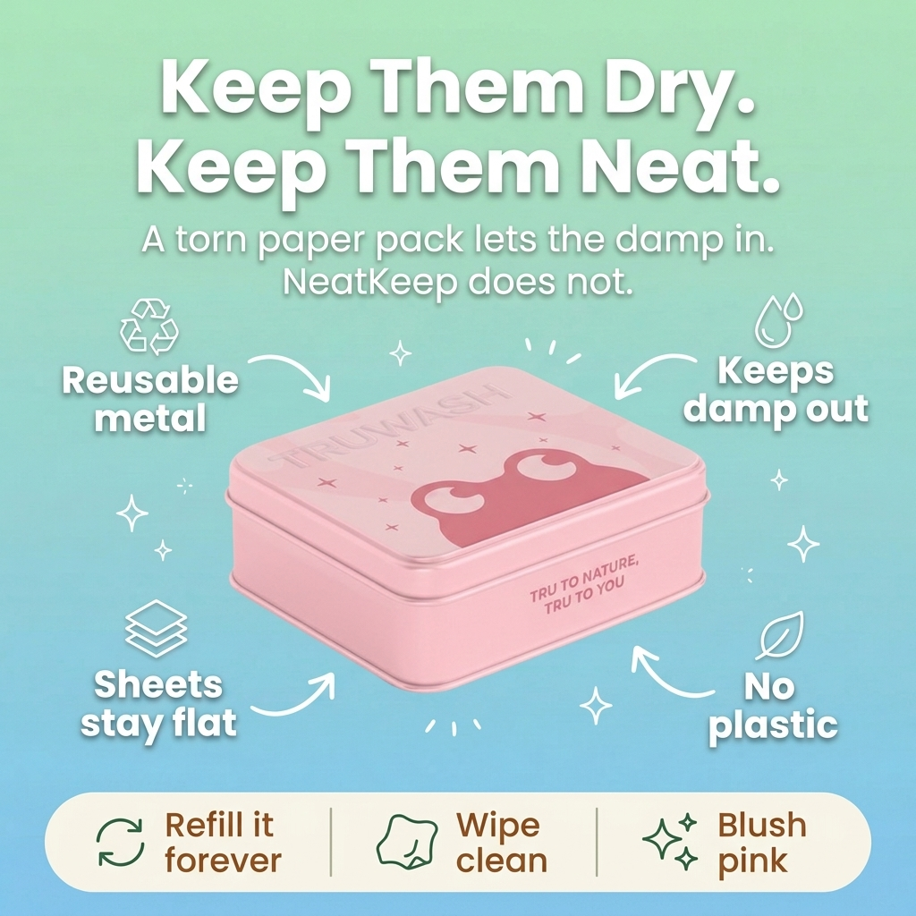 NeatKeep keeps cleaning sheets dry and neat - reusable metal, keeps damp out, sheets stay flat, no plastic.