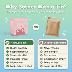 NeatKeep tin compared with a torn paper pack - closes properly, keeps damp out, sheets stay flat and reusable forever.
