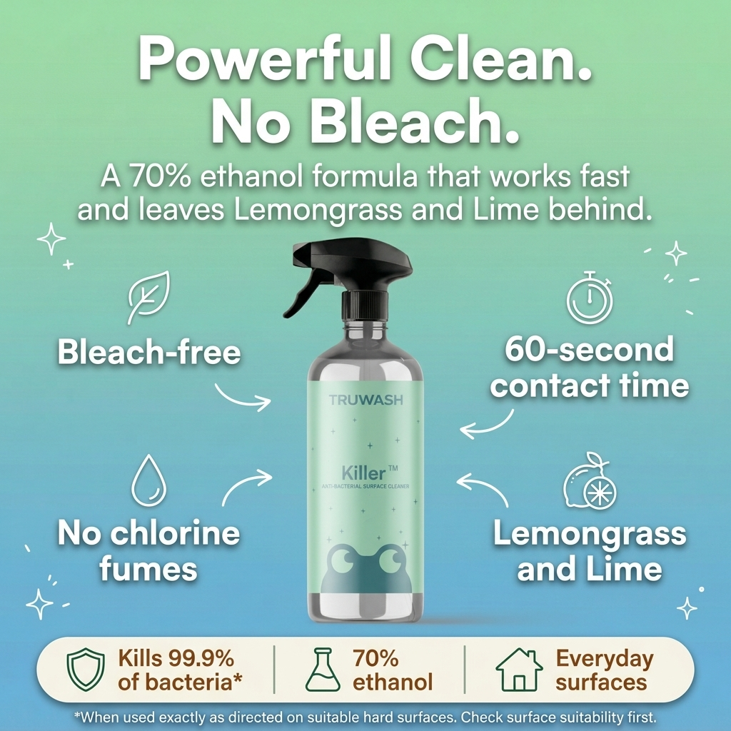 Killer - powerful clean, no bleach. Bleach-free, 60-second contact time, no chlorine fumes, Lemongrass and Lime fragrance, 70% ethanol formula.