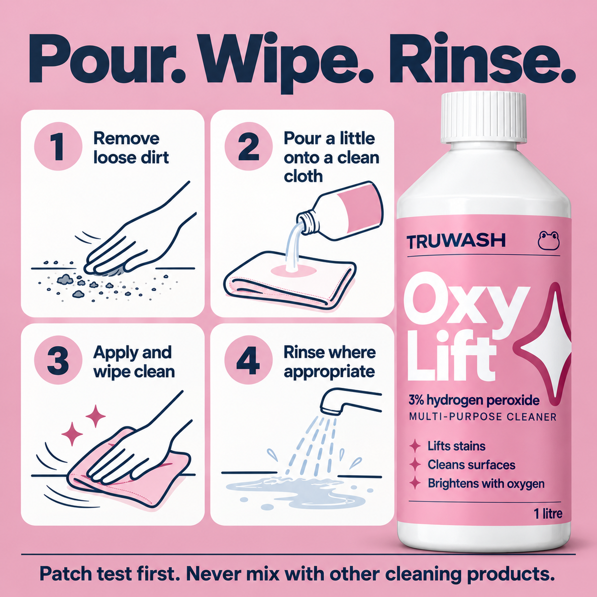 How to use OxyLift: apply with cloth, wipe and rinse where appropriate