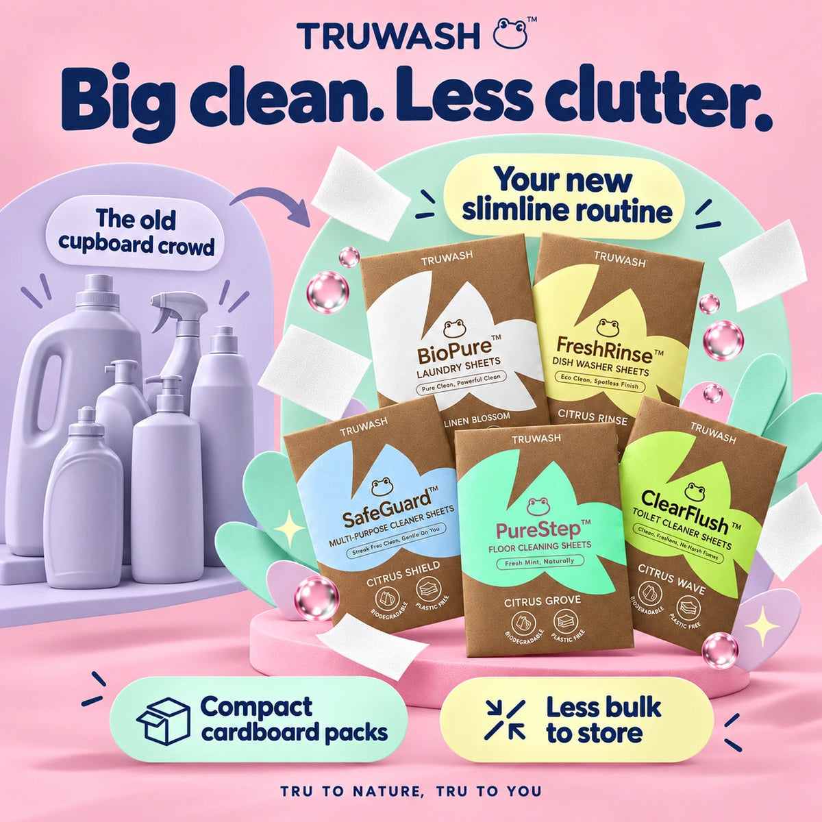 Compact cleaning packs for less cupboard clutter