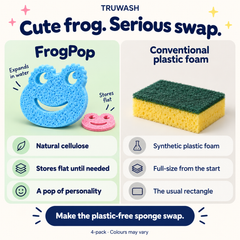 FrogPop versus conventional plastic foam: natural cellulose, compact flat storage and playful frog shape.