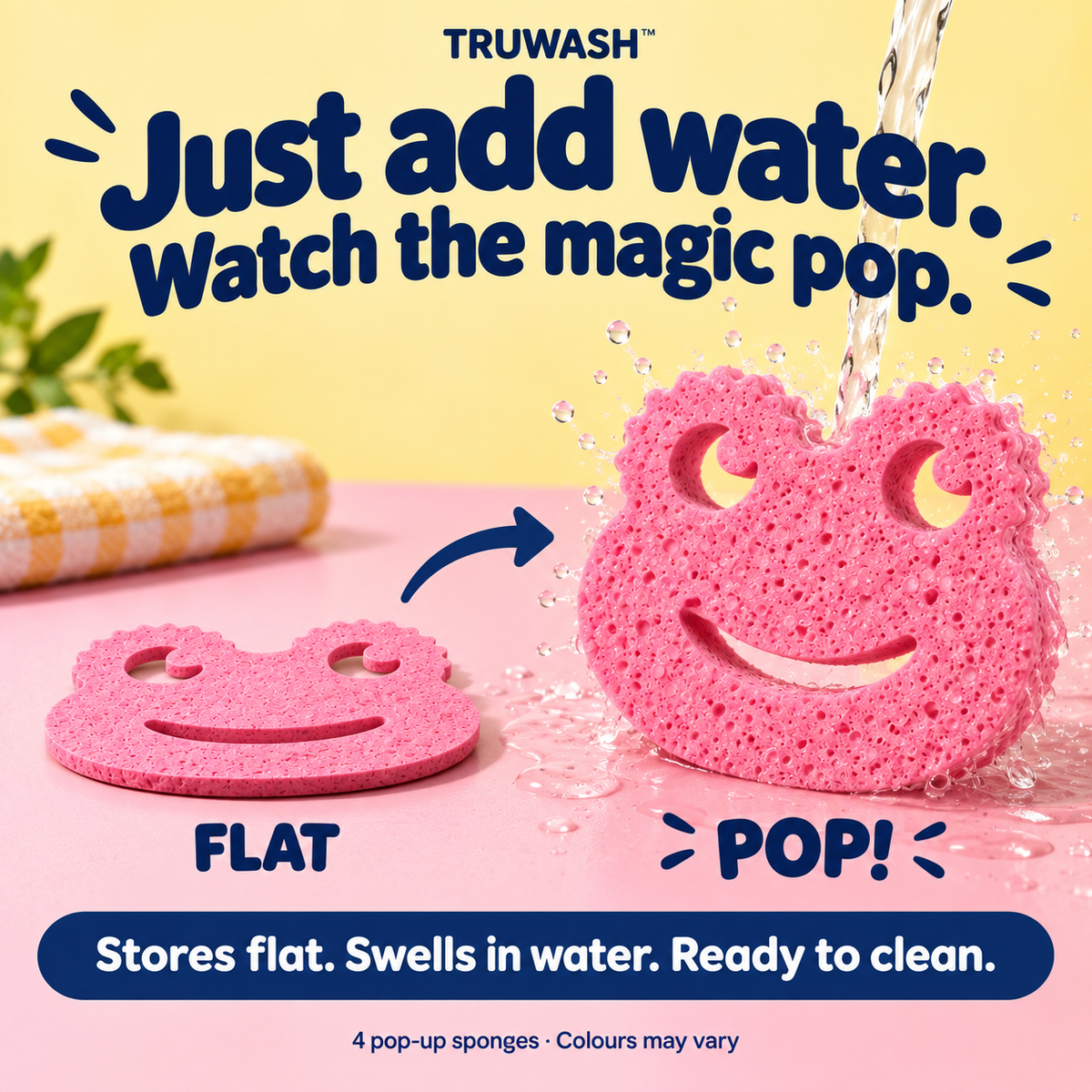 Just add water. Watch the magic pop. Flat storage to expanded cellulose sponge. Colours may vary.