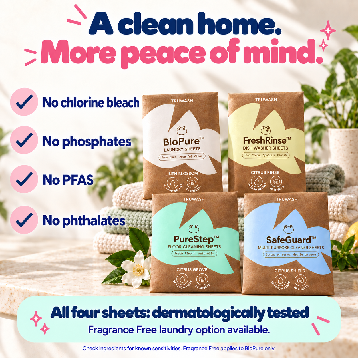 All four sheets dermatologically tested. No chlorine bleach, phosphates, PFAS or phthalates.