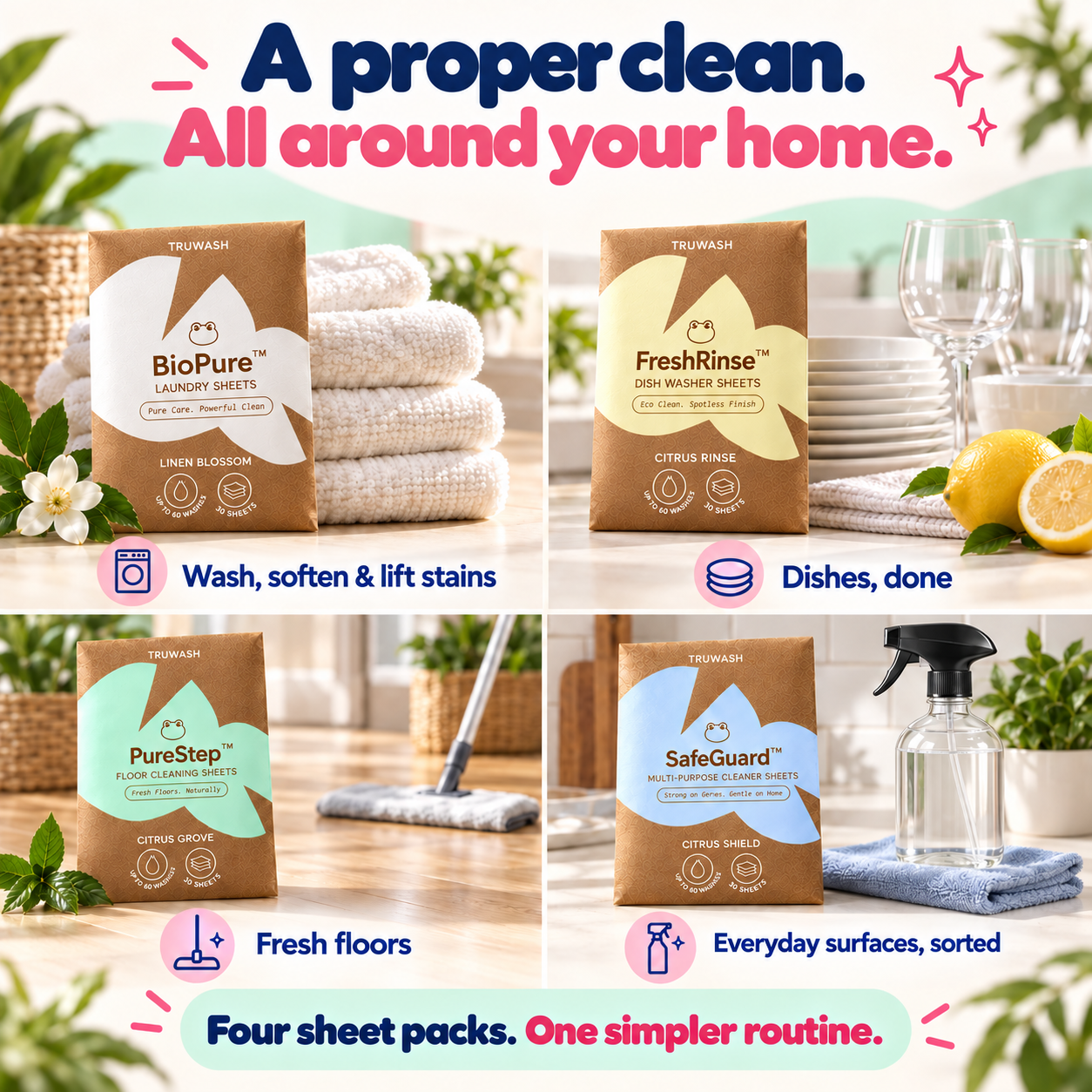 Four sheet packs for laundry, dishes, floors and surfaces.