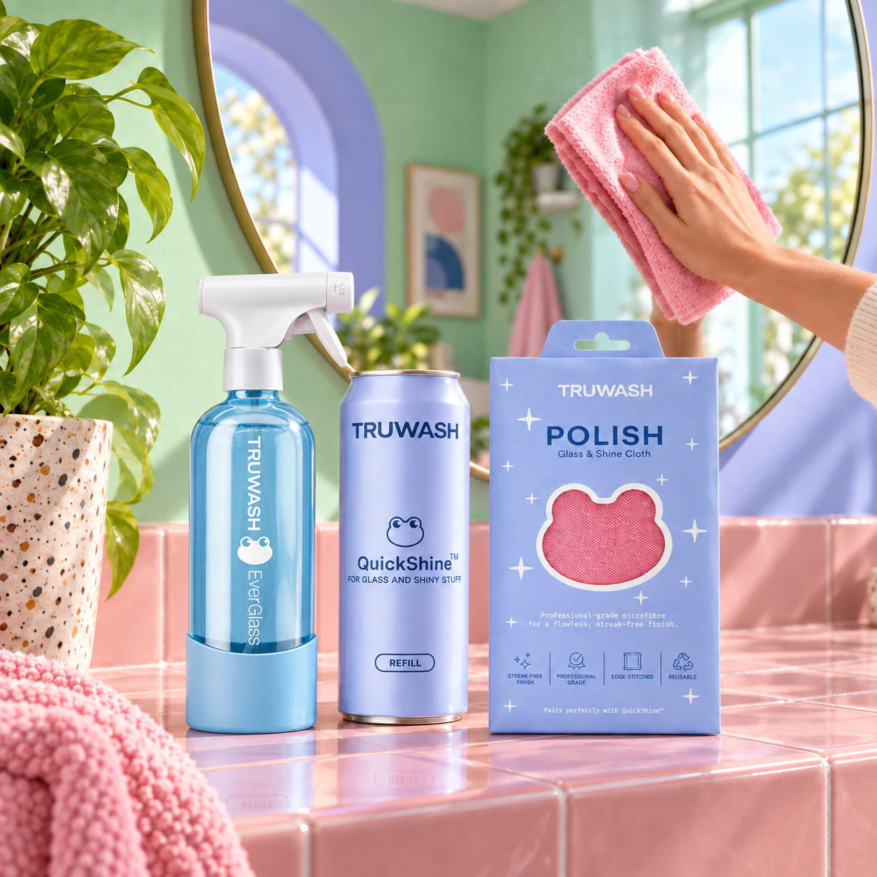 Blue EverGlass bottle, QuickShine refill and POLISH cloth in use
