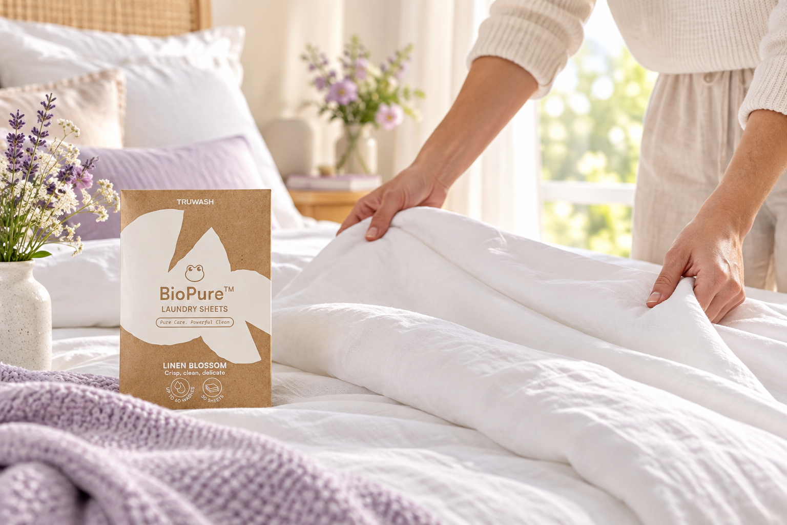 Fresh linen being laid onto a bed