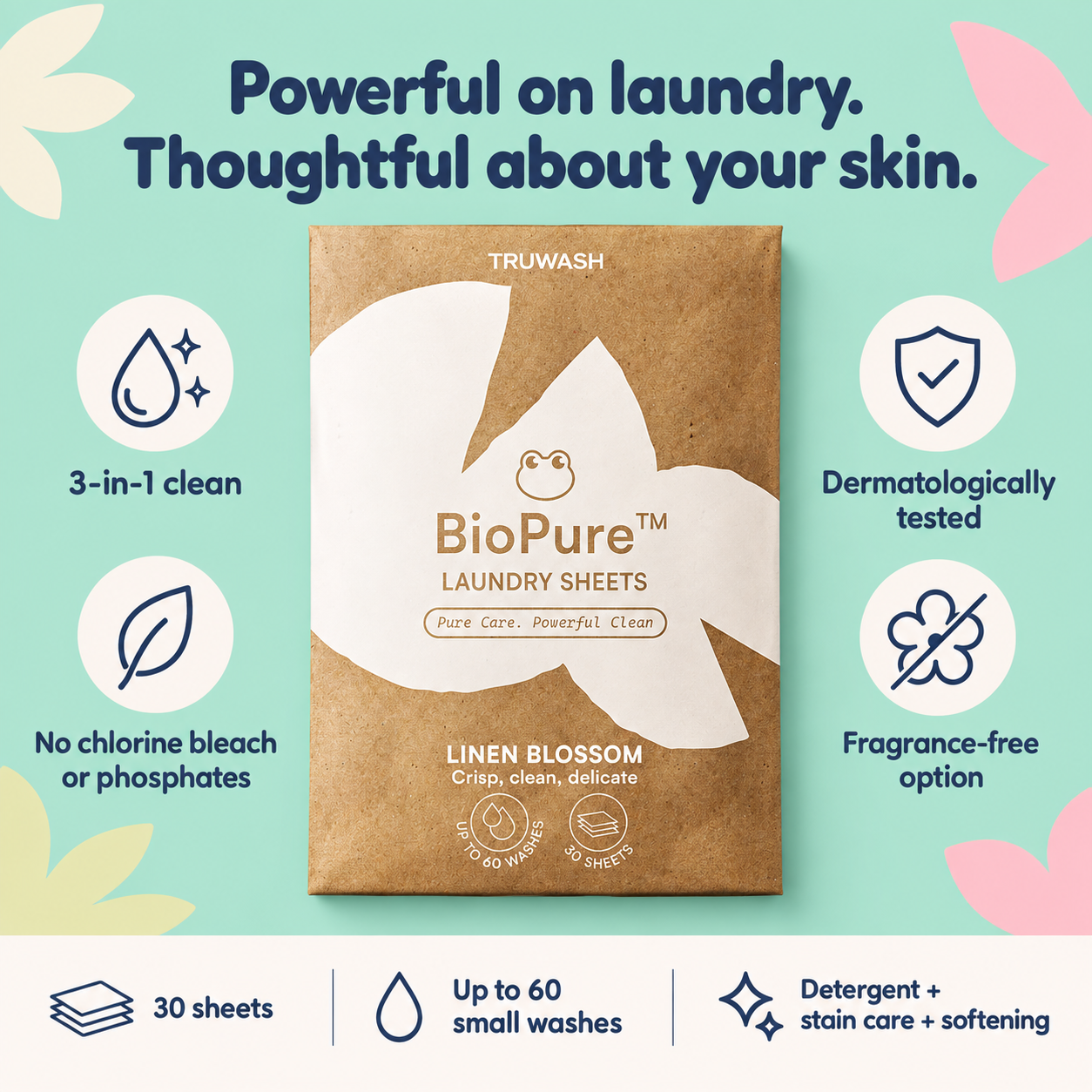 BioPure: 3-in-1 clean, dermatologically tested, no chlorine bleach or phosphates, fragrance-free option