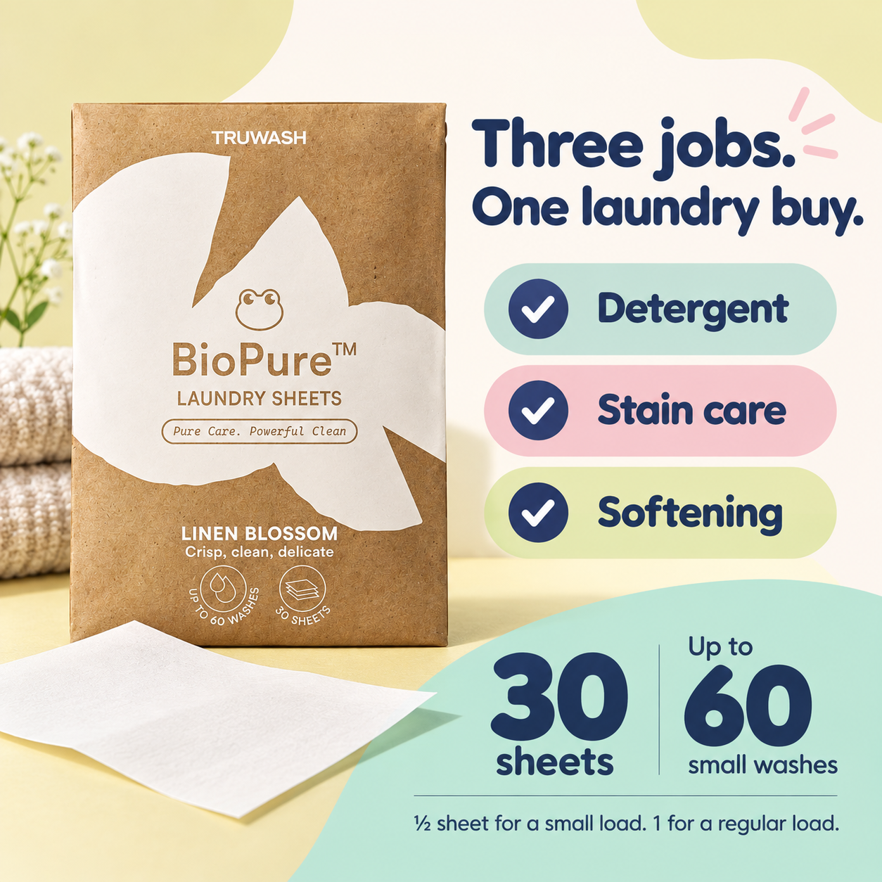 Detergent, stain care and softening: 30 sheets, up to 60 small washes