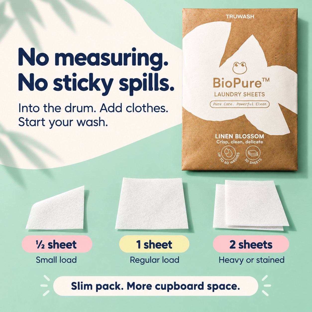 BioPure dosing: half a sheet for small loads, one for regular, two for heavy or stained loads
