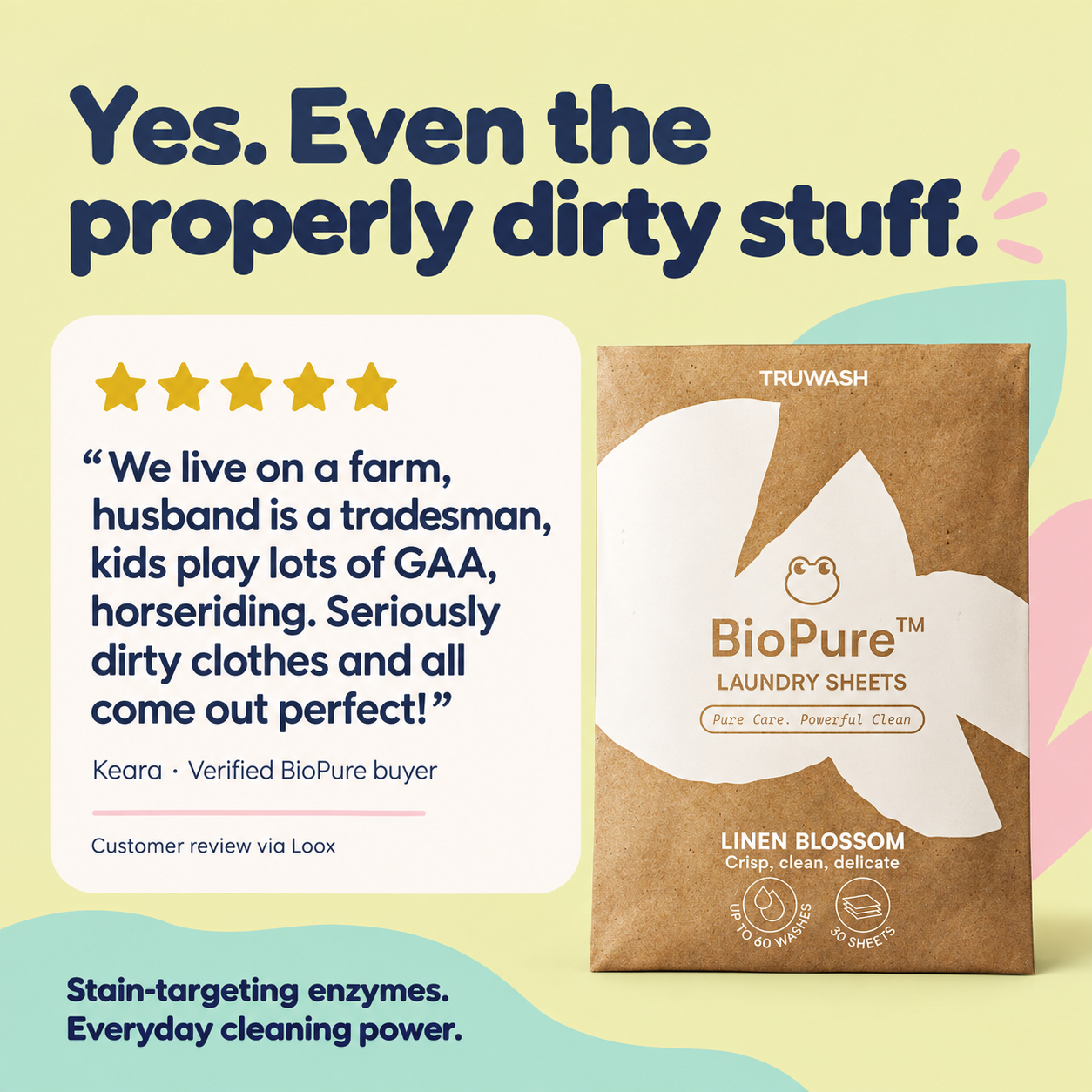 Keara’s verified BioPure review about cleaning farm clothes and sports kit