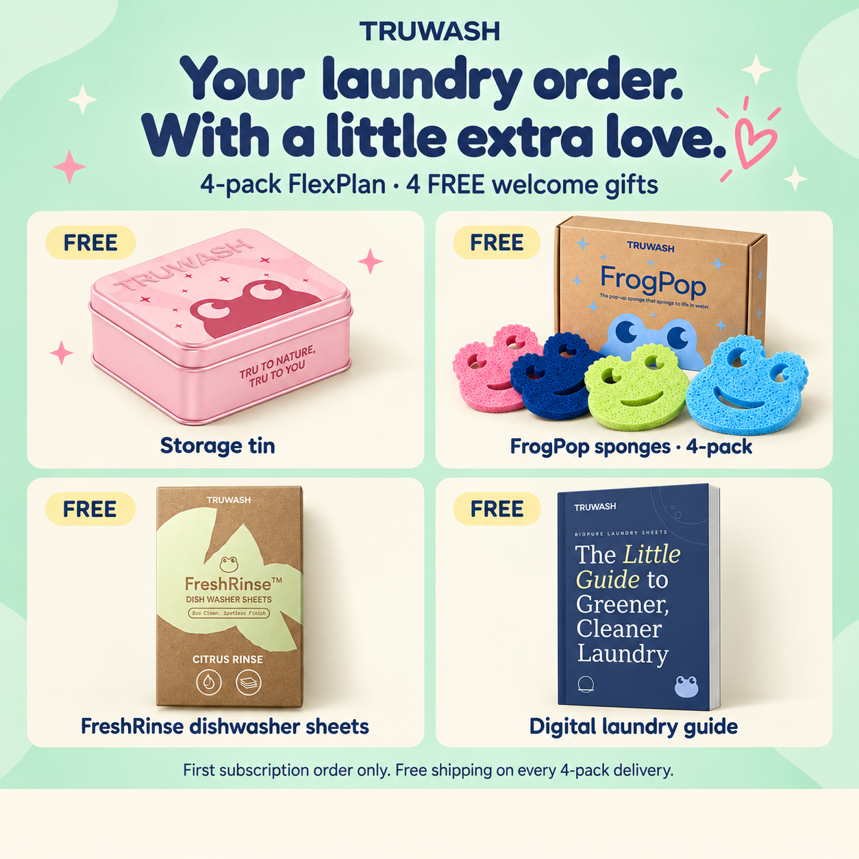 Four-pack FlexPlan: free storage tin, FrogPop sponges, FreshRinse and digital guide with your first subscription order